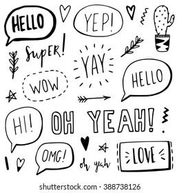 Hand written hello, love, wow, hi signs in speech bubbles