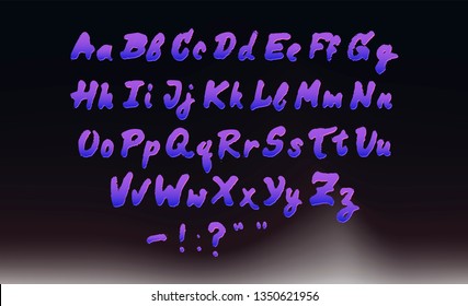 Hand written ink brush pen cursive alphabet, neon typeset of uppercase and lowercase letters on dark background. Retrofuturistic 1980s-1990s aesthetics of Synthwave/ Vaporwave style.