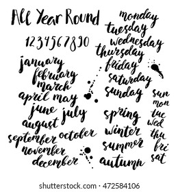 Hand written ink calendar or planner set. Month, season and week days names, numbers. Brush lettering with curved baseline.