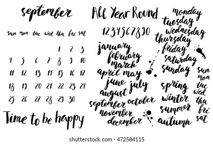 Hand written ink calendar or planner set. Month, season and week days names, numbers. Brush lettering with curved baseline.