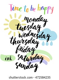 Hand written ink calendar and planner set with days of the week. Brush lettering with curved baseline.