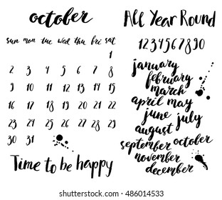 Hand written ink calendar or planner set. Month and week days names, numbers. October layout template.
