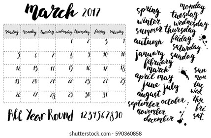 Hand written ink calendar or planner set. Month, season and week days names, numbers. Brush lettering with curved baseline.
