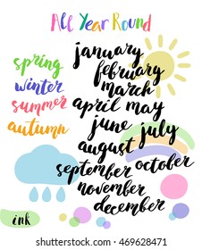 Hand written ink calendar se. Month and season names. Brush lettering with curved baseline.