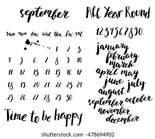 Hand written ink calendar set. Month and week days names, numbers. Brush lettering with curved baseline.
