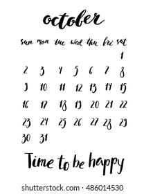 Hand written ink calendar set. October layout template.