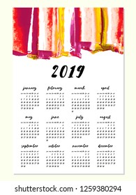 Hand written ink calendar template for 2019 year. Watercolor painted header with brush strokes, stains, splash red, yellow, magenta background. Week starts Sunday. Blank sheets paper, binder concept.