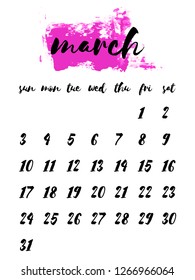 Hand written ink calendar template 2019 year, march. Watercolor painted header with brush strokes, stains, splash magenta, pink background. Week starts Sunday. Blank sheets paper, binder concept.