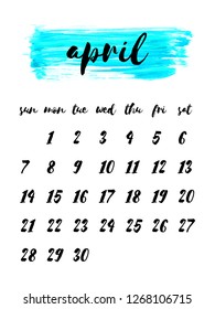 Hand written ink calendar template 2019 year, april. Watercolor painted header with brush strokes, stains, splash, turquoise blue background. Week starts Sunday. Blank sheets paper, binder concept.