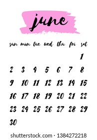 Hand written ink calendar template 2019 year, June. Watercolor painted header with brush strokes, stains, splash, pink, fuchsia background. Week starts Sunday. Blank sheets paper, binder concept.