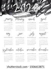 Hand written ink calendar template, 2020 year. Watercolor painted header with brush strokes, stains, splash, doodles background. Week starts Sunday. Blank sheets paper, binder concept. Black and white