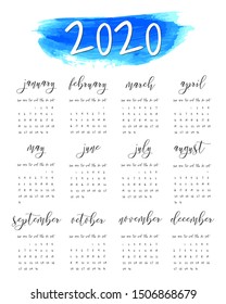Hand written ink calendar template, 2020 year. Watercolor painted header with brush strokes, stains, splash blue background. Week starts Sunday. Blank sheets paper, binder concept. Fluid art.