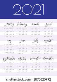Hand written ink calendar template, 2021 year. Watercolor stripe texture painted header with brush strokes, stains, splash, navy blue background. Week starts Sunday. Blank sheets paper, binder concept