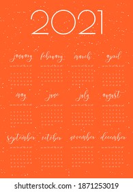 Plantilla de calendario manuscrita escrita, 2021 año. Cabecera de color de agua pintada con trazos de pincel, manchas, fondo azul marino salpicado. La semana comienza el domingo. Papel de hojas en blanco, concepto de encuadernador. Arte fluido.