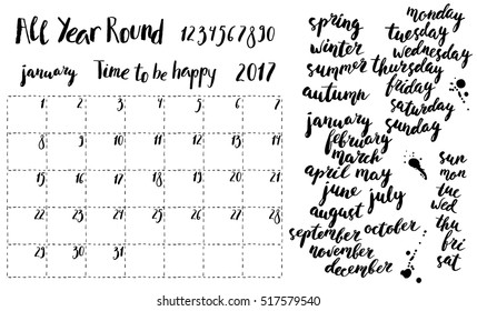 Hand written ink monthly planner template and calendar elements. Month, season and week days names, numbers. Brush lettering with curved baseline.