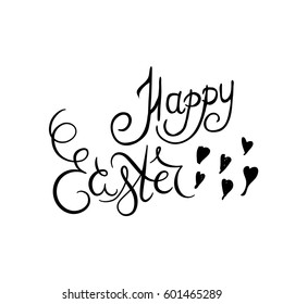 Hand written inscription Happy Easter with hearts. Calligraphy, lettering, brush pen, inc. Vector. Could be used for greeting card.