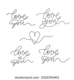 Hand written inspirational quote. One line inscription love you. Vector hand lettering heart line art 