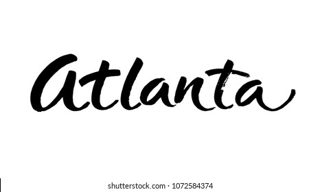 Hand written isolated city of Atlanta text, capital of Georgia. Vector hand lettered brush calligraphy phrase or sign. Ink hand lettering.