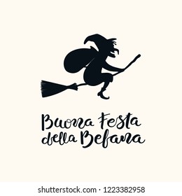 Hand written Italian lettering quote Buona Festa della Befana, Happy Epiphany, with flying witch. Isolated objects on white. Hand drawn vector illustration. Design concept, element for card, banner.