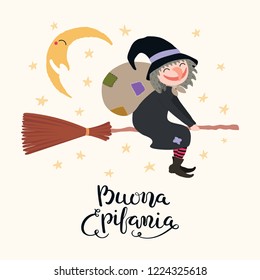 Hand written Italian lettering quote Buona Epifania, Happy Epiphany, with flying witch. Isolated objects on white background. Hand drawn vector illustration. Design concept, element for card, banner.