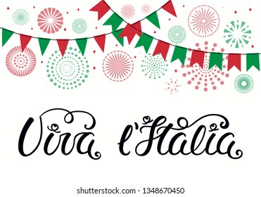 Hand written Italian lettering quote Viva l Italia, Long live Italy, with fireworks in flag colors. Isolated objects on white background. Vector illustration. Design element for poster, banner, card.