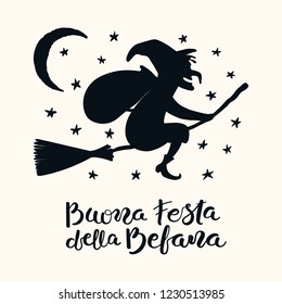 Hand written Italian quote Buona Festa della Befana, Happy Holiday of Befana, with flying witch. Isolated objects on white. Hand drawn vector illustration. Design concept, element for card, banner.