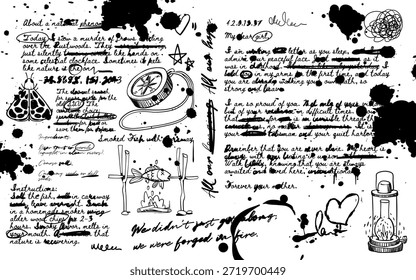 Hand written journal with scribble text, letter notes and black ink drawings of compass, fish and moth on white paper. Personal diary entries with dates, doodles and crossed words for documentation.