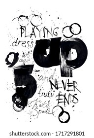 Hand written Latin text on white paper. Calligraphic grunge letters. Lettering. Artwork for textiles, fabrics, souvenirs, packaging, greeting cards, scrapbooking. Written with pen by ink.