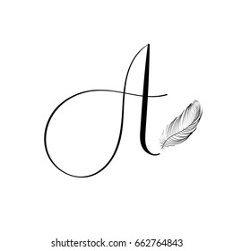 Hand written letter A with feather. Typography calligraphy poster. Vector illustration.