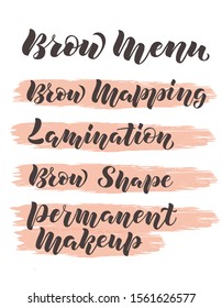 Hand written lettering Brow menu with name of services on pink brush background for flyer, web site, price list and decoration of beauty salon, brow bar. Vector illustration for beauty industry