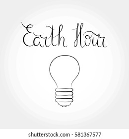 Hand written lettering Earth Hour with bulb, black and white. Vector. Ecology concept.
