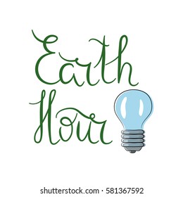Hand written lettering Earth Hour with bulb, color. Vector. Ecology concept.