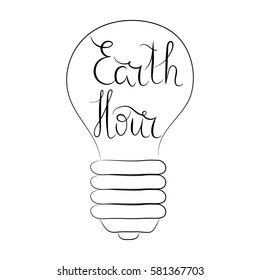 Hand written lettering Earth Hour with bulb, black and white. Vector. Ecology concept.