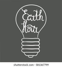 Hand written lettering Earth Hour with bulb, black and white. Vector. Ecology concept.