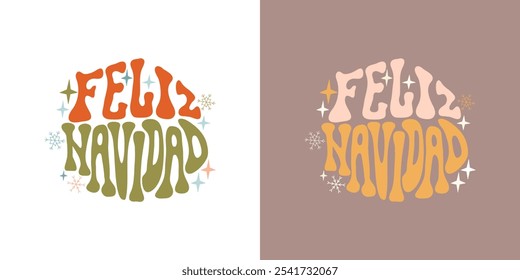 Hand written lettering Feliz Navidad in circle shape. Retro style, 70s poster. Hand drawn not AI