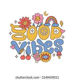 Hand written lettering Good Vibes in hippie style shape with piece sign, flowers, rainbow, cherry and mushroom. Retro style 70s isolated concept for poster, card, fabric. Linear color hand drawn