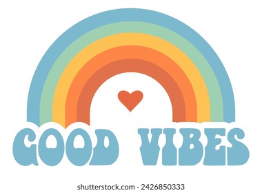 Hand written lettering Good Vibes. Cute cartoon rainbow good vibes slogan print. Vintage Boho typographic lettering saying, 70s hippie art, groovy artistic font. Retro warp text calligraphy vector