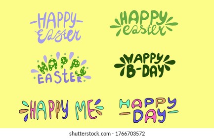 Hand written lettering Happy Easter and Birthday text. Vector illustration of positive quotation isolated on yellow background. Template for greeting card, poster or print