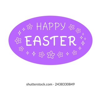 Hand written lettering Happy Easter with stars and flowers around, Isolated objects on lilac background. Hand drawn vector illustration. Design concept, element for greeting card, banner, invitation, 