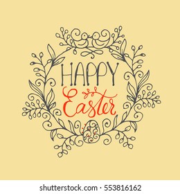 Hand written lettering Happy Easter wreath with two birds and egg. Greeting card text template. Modern calligraphy style.