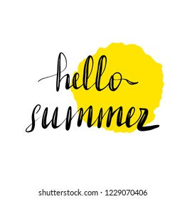 Hand written lettering inscription hello summer. Vector illustration isolated on white background, clipart. Yellow watercolor stain on background.