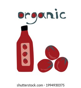 Hand written lettering organic and tomato sauce with  tomatoes. Tomato Sauce is made from Organic Tomatoes. Vector illustration 