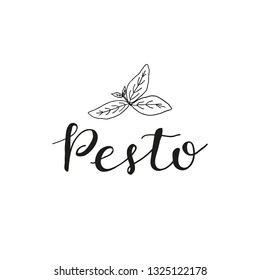 Hand written lettering pesto with basil leaves isolated on white background.