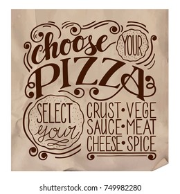Hand written lettering for pizzeria menu, black on white background, vintage style trendy hand drawn illustration, good for poster, flyer, menu card, advert template.
