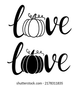  Hand written lettering with pumpkin. Love pumpkin. Fall, autumn, Thanksgiving, Halloween element for design. Vector illustration. Isolated on white background. Good for posters, t shirts, postcards.