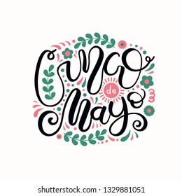 Hand written lettering quote Cinco de Mayo with decorative elements in Mexico flag colors. Isolated objects on white background. Vector illustration. Design element for poster, banner, greeting card.