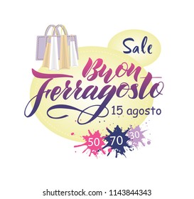 Hand written lettering quote Happy Ferragosto. italian language. Vector illustration. Design concept for Italian summer holiday. As banner, print, poster, postcard, flyer, background