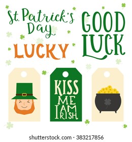 Hand written lettering of  St. Patrick Day with cute leprechaun. Quote and tag for holidays card, decoration, party, poster