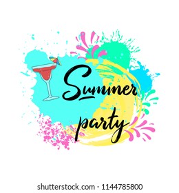 Hand written lettering Summer Party with summer fresh cocktail and design elements. Bright summer time poster.   Template, poster, badge, icon, card, postcard, logo, banner, tag. Vector eps10.