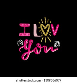 Hand written lettering typographic design with phrase I Love You. For home decor, print, poster, greeting card. Romantic vector illustration with quote
